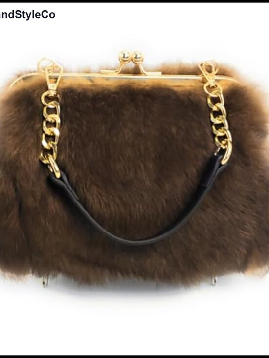 Handbags - Genuine Rabbit Fur Kisslock Clutch Handbag with Gold-Tone Chain